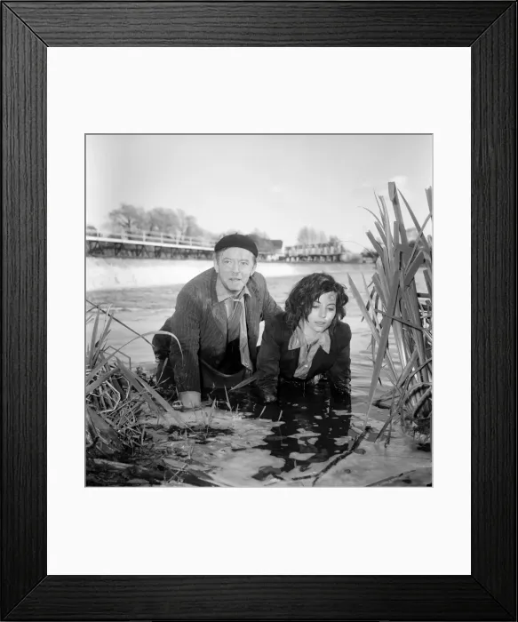 Framed Print : Black and white photograph print of Cyd Hayman in the river during filming