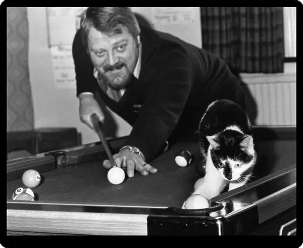 Judd the cat playing pool with landlord Brian Nevin at the pub in Eckington, Derbyshire