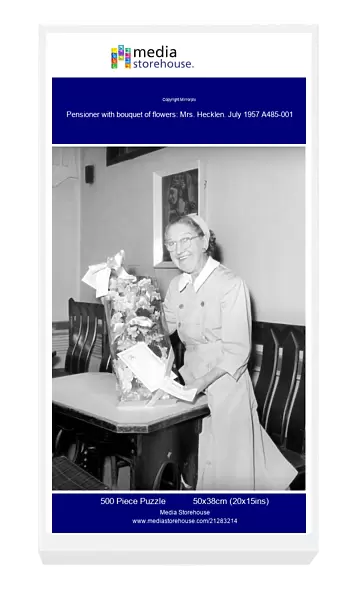 Pensioner with bouquet of flowers: Mrs. Hecklen. July 1957 A485-001
