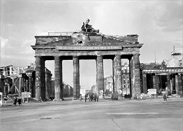 Scenes showing rubble and destruction at the Brandenburg Gate in the German city of