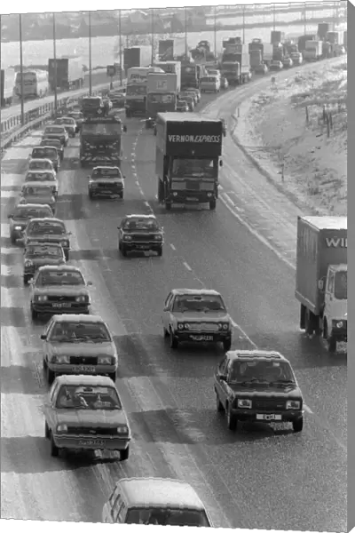 Heavy traffic on the M6 around Birmingham. 29th January 1979