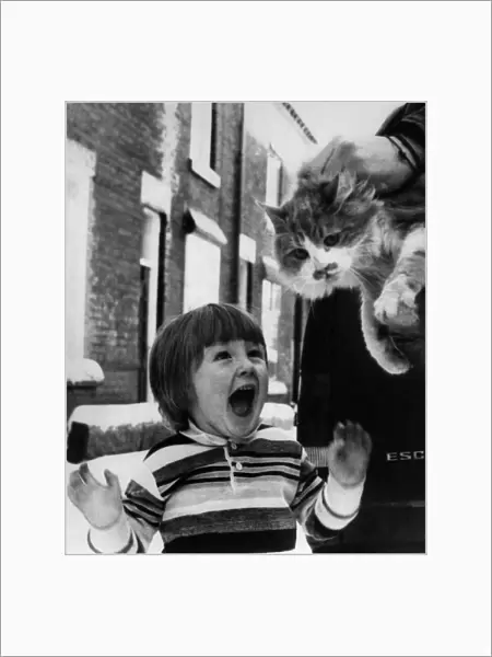 Animals - Cats. Home Again... Daniel Gudjoc welcomes Sammy home. December 1983 P000425