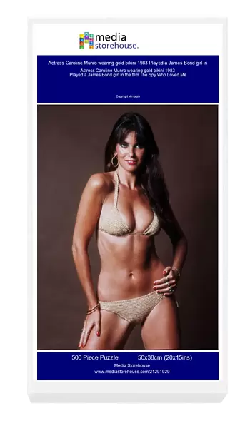Actress Caroline Munro wearing gold bikini 1983 Played a James Bond girl in