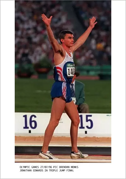 Jonathan Edwards during the triple jump in the Olympic Games in Atlanta where he won