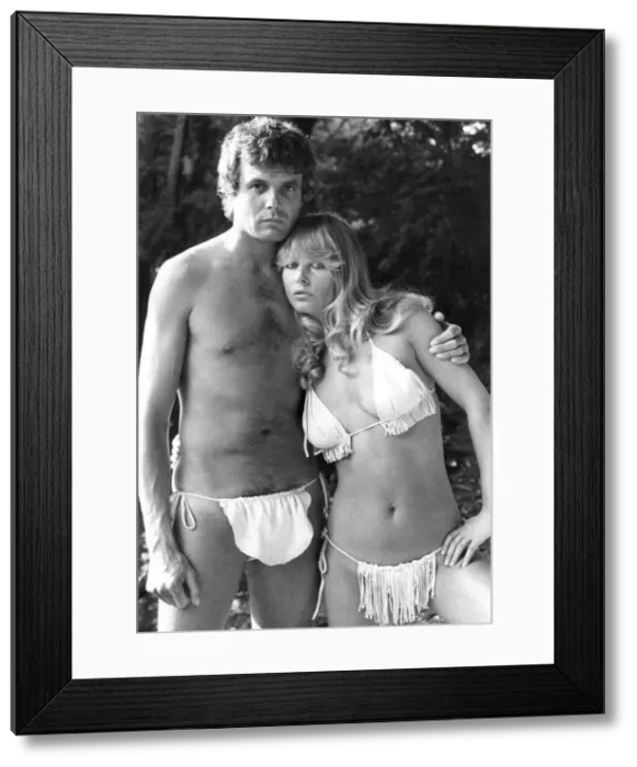 Framed Print : Fashion - Beachwear Print: A woman in a fringed bikini with cheeky side ties and gold-coloured bead trim