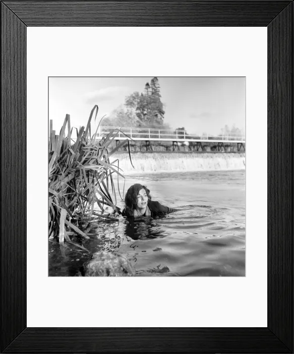 Framed Print : Black and white print of Cyd Hayman in the river during filming Framed Print : Black and white print of Cyd Hayman in the river during filming