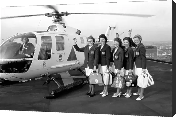 World Ten Pin Bowling Champs. Womens team arrive by helicopter. January 1975 75-00256