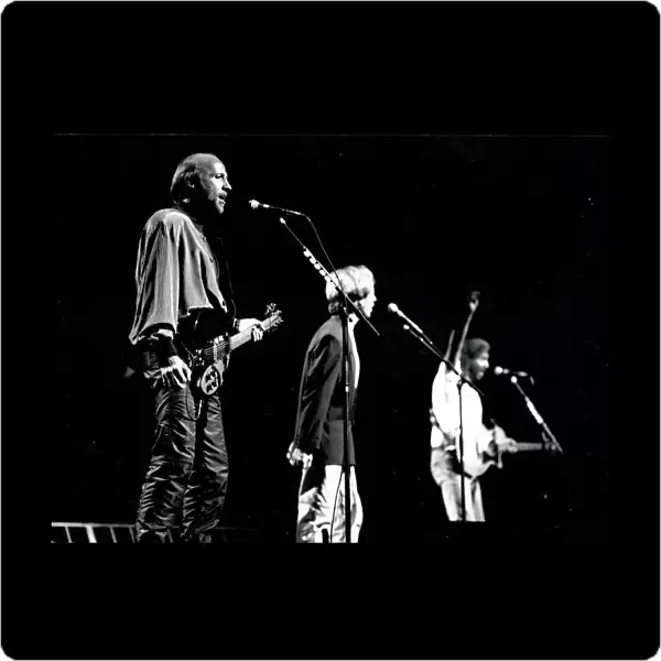 Bee Gees, in concert at the Birmingham NEC. Left to right: Maurice, Robin and Barry Gibb