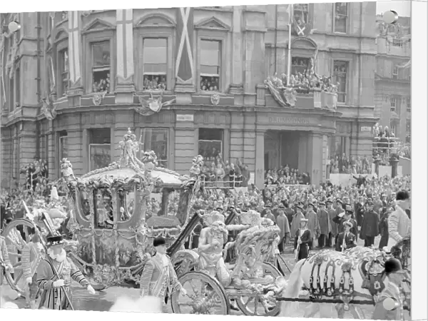 Queen Elizabeth II Coronation. The Royal coach passing Trafalgar Square after leaving