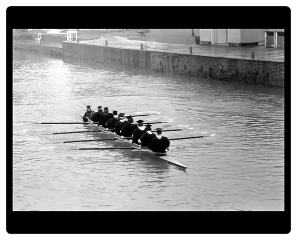 Cambridge University boat crew in training on river Ouse. March 1975 75-01385-003