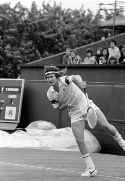 American tennis star John McEnroe in action at Queens Club. June 1980