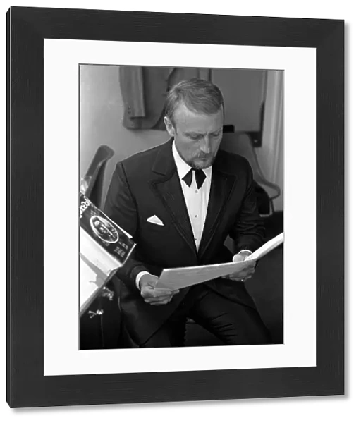 Actor Edward Woodward seen here in his dressing room rehearsing a William McGonagall poem