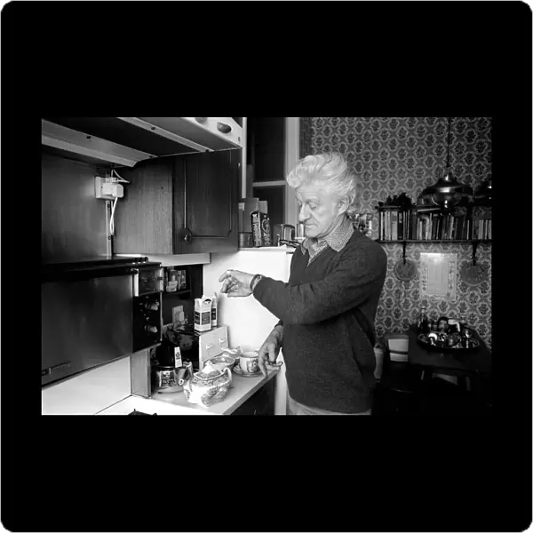 Actor John Pertwee seen here at home making tea. March 1981 PM 81-01203-004