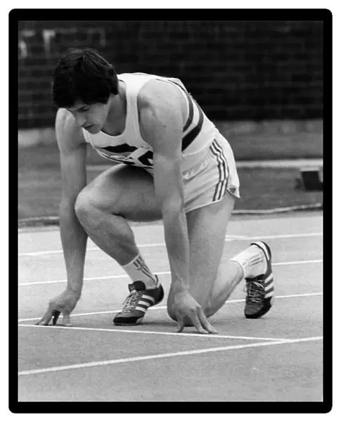 British athlete Alan Wells on the starting blocks before a race. July 1978