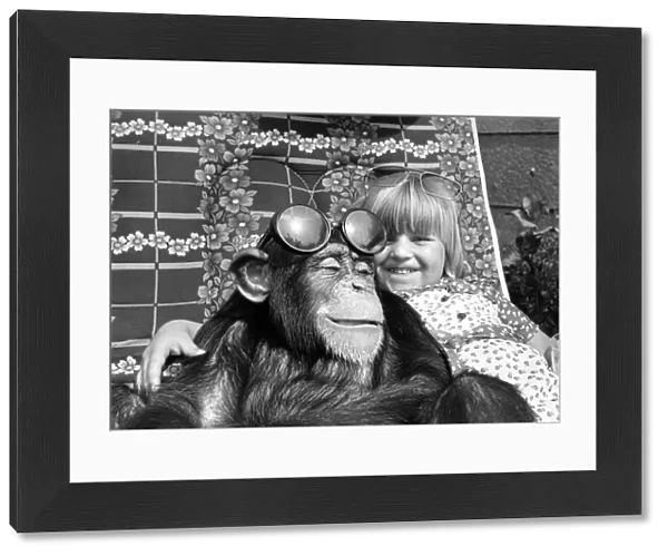 Little Kimberley Clark, from Rochdale, Lancs cuddles up to Judy the chimpanzee on a
