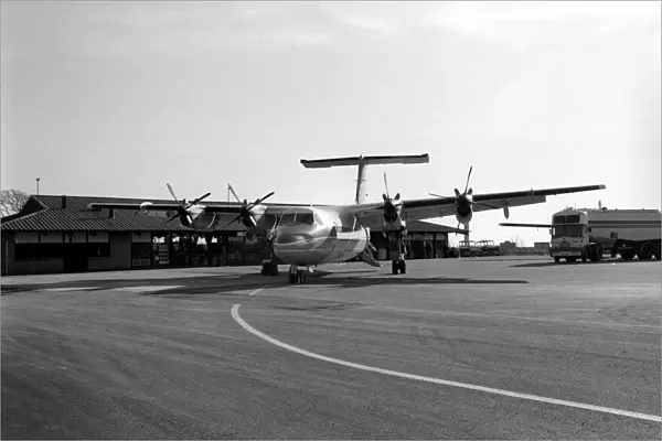 A Brymon airlines Dash 7 aircraft at London City Airport. February 1987