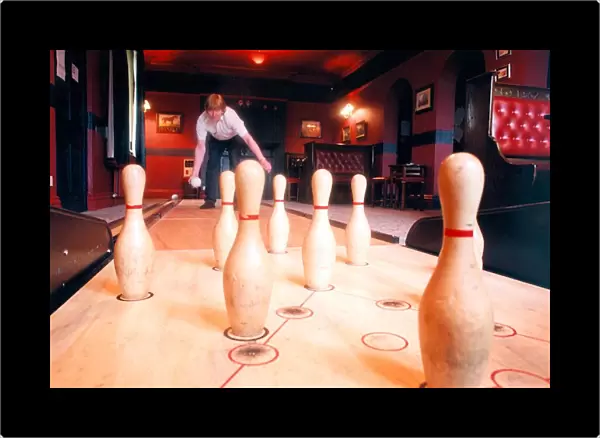 Terry Richardson of the Stags Head in Butterknowle playing pub ten pin bowling in May