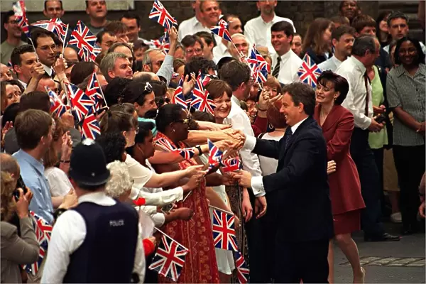 Tony & Cherie Blair shake hands with supporters May 1997 at 10 Downing Street after