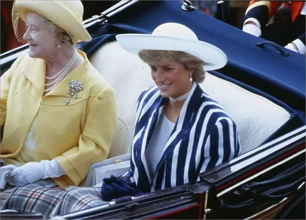 Princess Diana Princess of Wales J sitting in a coach at Ascot racecourse with the Queen