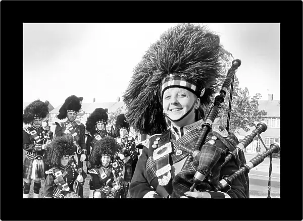 Debbie White, 20, the only girl member of the South Tyneside Pipe Band in June 1986