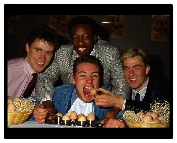 Ally McCoist is fed eggs by team-mates March 1988