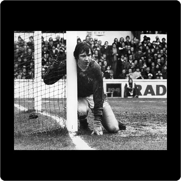 Everton keeper David Lawson hanging onto the post in pain after injuring himself whilst