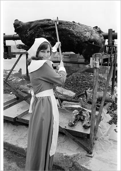 Mayflower May 1970 - Pilgrim girl Wendy Faulks roasts a 800lb ox