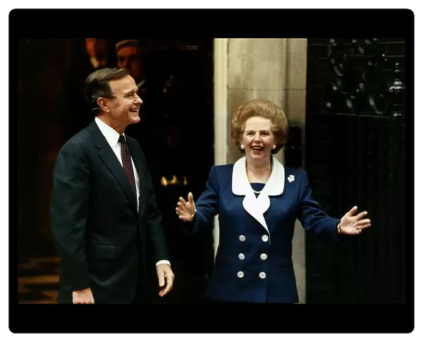 George Bush US President standing outside No10 Downing Street with Margaret