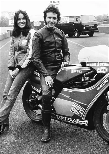 David Essex singer with actress Christina Raines on motorcycle
