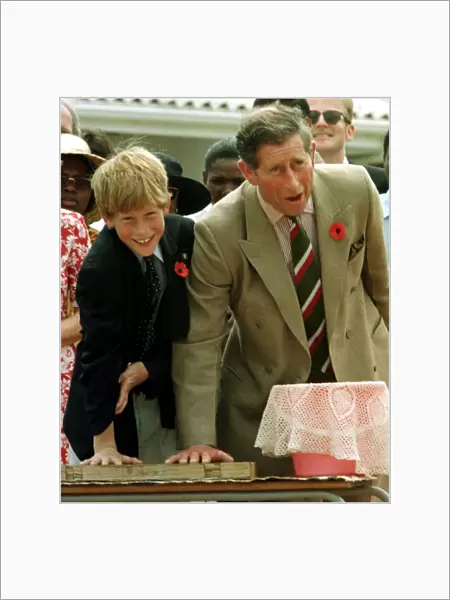 Prince Charles with his son Prince Harry leaving their hand prints in concrete on their