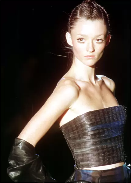 Audrey models a Versace design at the Versace show January 1999 at Paris Fashion