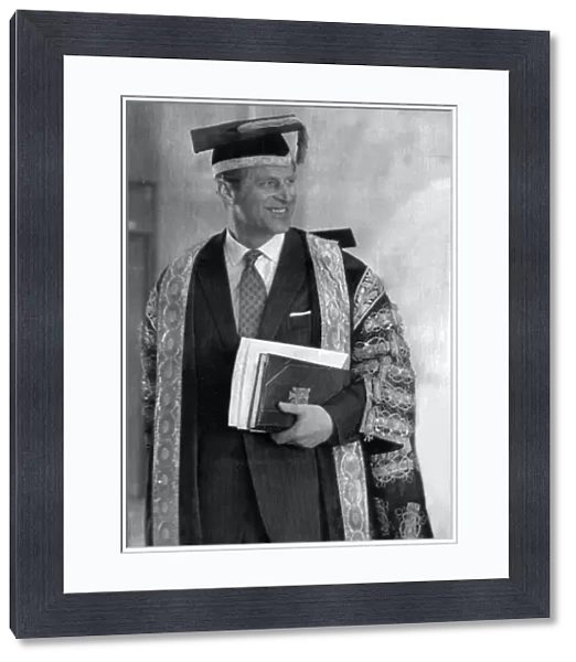 Duke of Edinburgh at Aberystwyth University, wearing a mortar board and gown