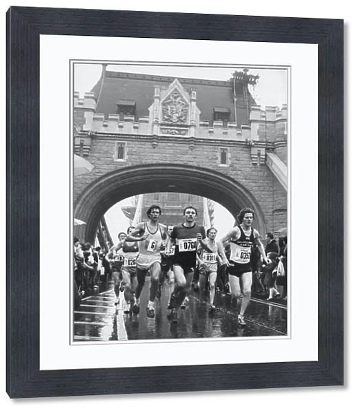 Tower Bridge the half way mark in the 1981 London Marathon April 1981