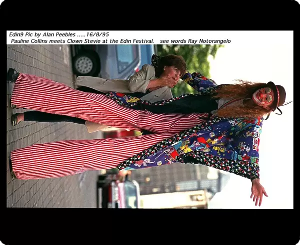 Pauline Collins actress meets clown Stevie on stilts August 1995 at Edinburgh festival