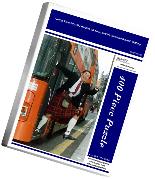 George Takei July 1992 stepping off a bus, wearing traditional Scottish clothing