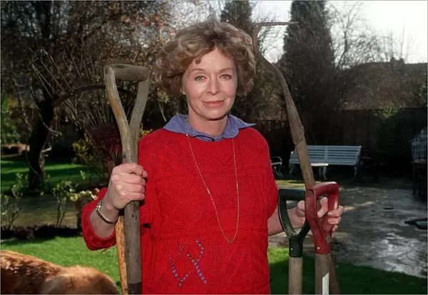 Susannah York actress in garden Feb 90 holding garden tools A©Mirrorpix