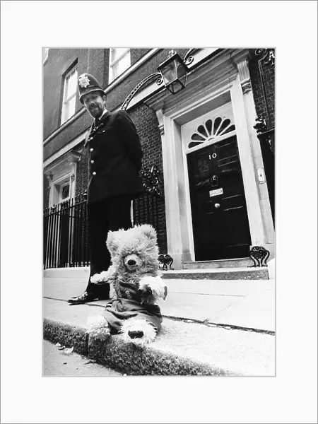 Humphrey teddy bear of Margaret Thatcher outside number ten Downing Street He has been
