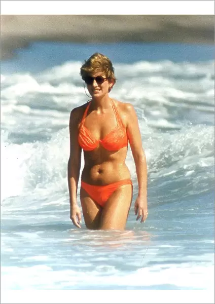 Diana, Princess of Wales in the water at Indian Castle Beach during her Nevis