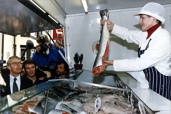 John Major Prime Minister at a fish stall in St Ives during 1992 electioneering