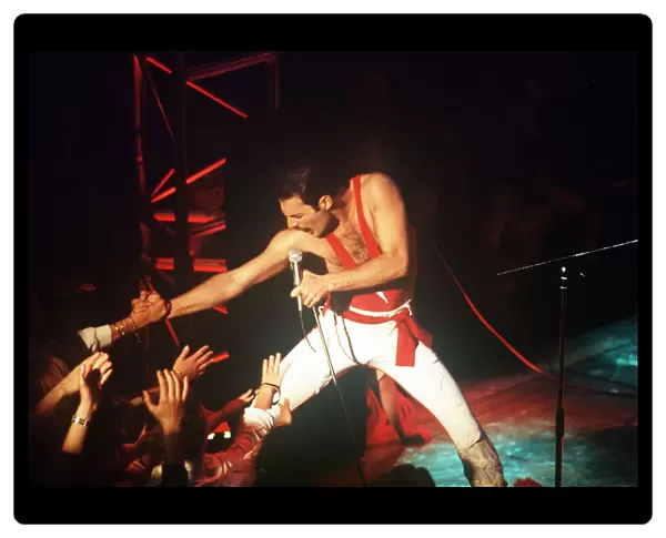 Freddie Mercury from Queen on stage at the Montreux pop festival, May 1984