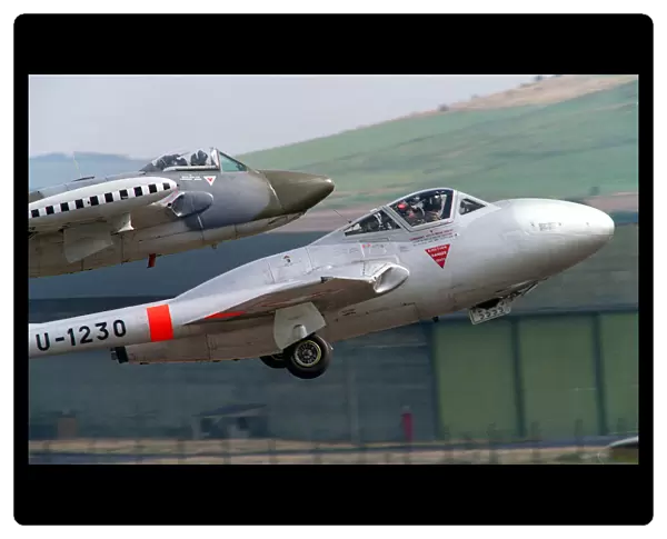 Aircraft deHavilland Vampire and Venom August 1993 taking off in formation at