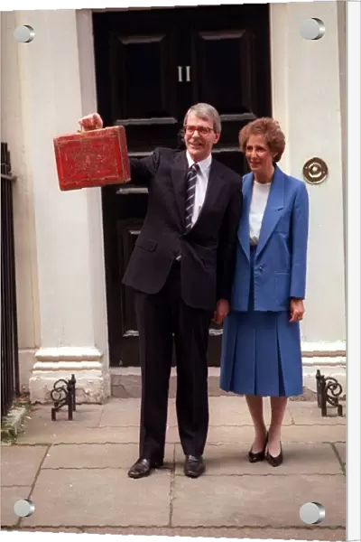 John Major holding Budget Box at 11 Downing Street 1990 with wife Norma