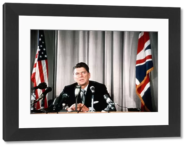 US President Ronald Reagan, pictured at press conference Circa 1985