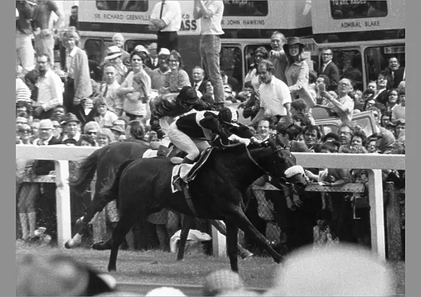 Geoff Lewis jockey on Mill Reef winning The Derby from Linden Tree at Epsom - June 1971