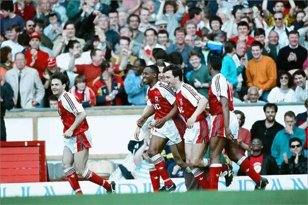 Arsenal 4 v. Liverpool 0. Anders Limpar celebrates his goal with Arsenal team mates