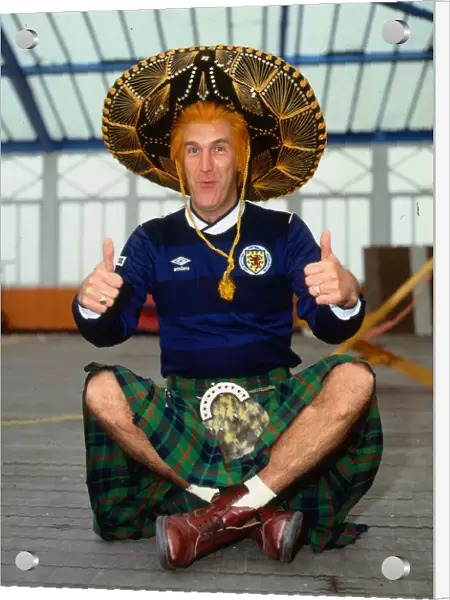 Russ Abbot comedian May 1986 wearing Scotland football top sombrero thumbs up