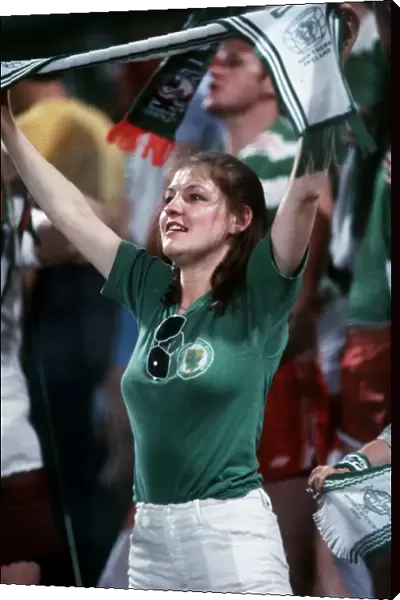 Northern Ireland v Yugoslavia World Cup 1982 football woman supporter with scarf held up