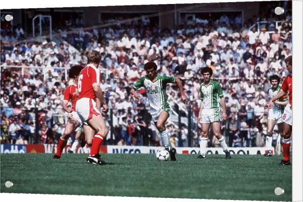 Algeria v Austria World Cup 1982 football Salah Assad takes on Bruno Pezzey
