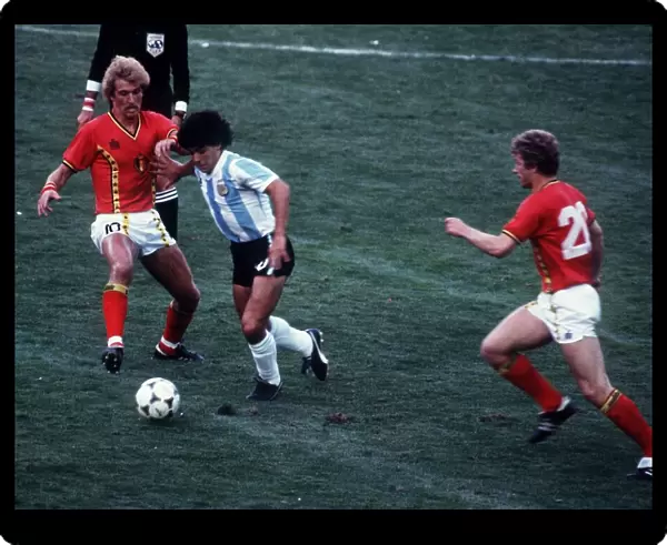 Argentina v Belgium World Cup 1982 football Diego Maradona tries to push his way