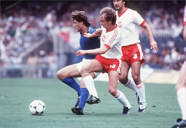 Poland v Italy 1982 World Cup Matysik (13) puts in a tackle on Rossi